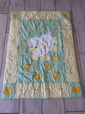 Handmade Baby Quilt Lamb Sheep Green Gingham Yellow Floral Tufted Cottagecore