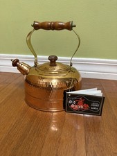 New - Old Dutch Decorative Hammered Copper & Brass Tea Kettle  Wooden Handle