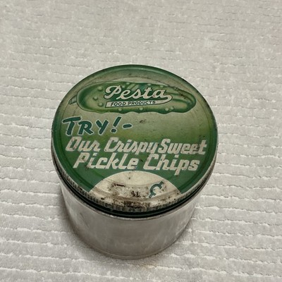 Pesta Food Products Pickle Chips Jar and Metal Lid.