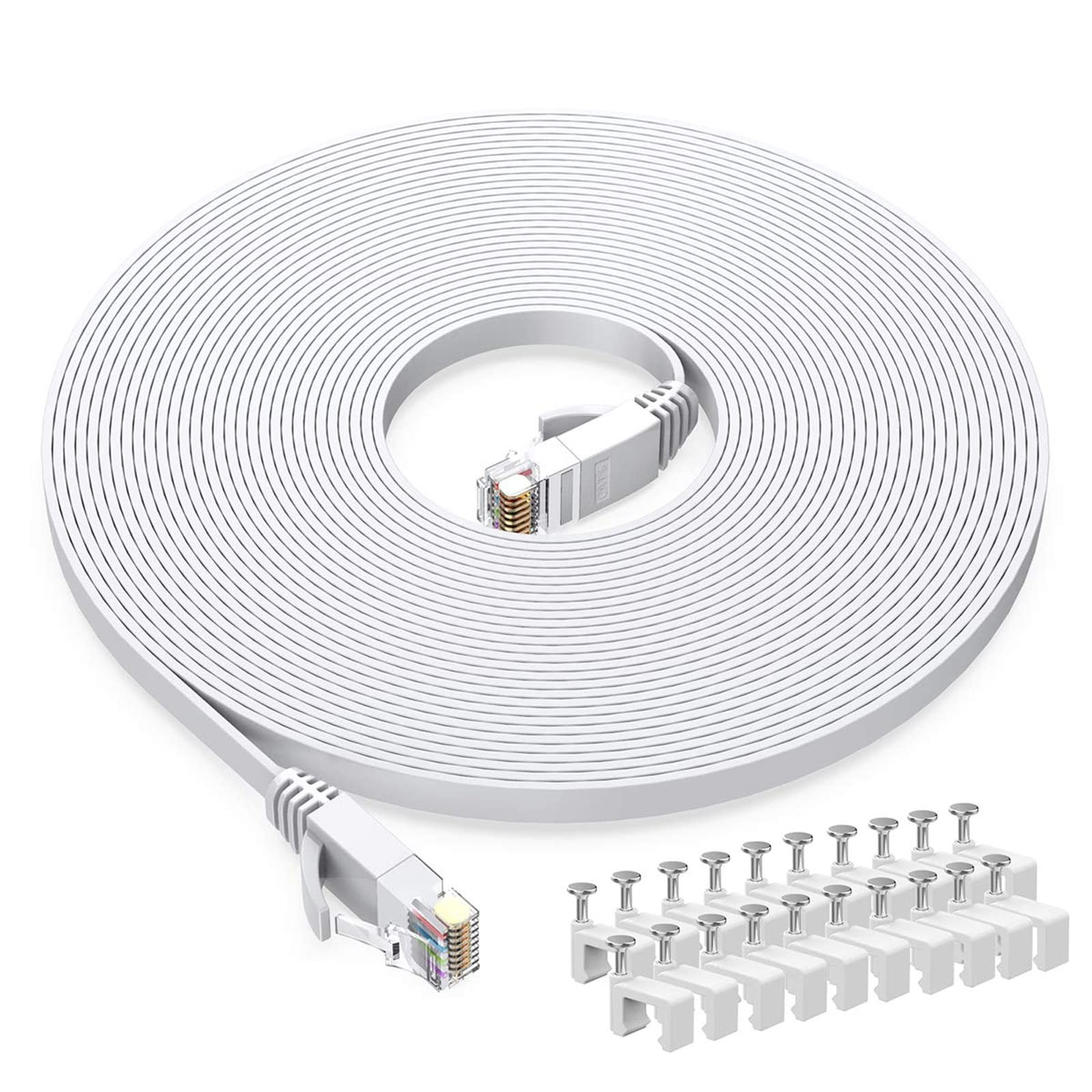 25ft White Cat6 Flat Ethernet Cable - High-Speed RJ45 LAN Network Cord for PC & Internet