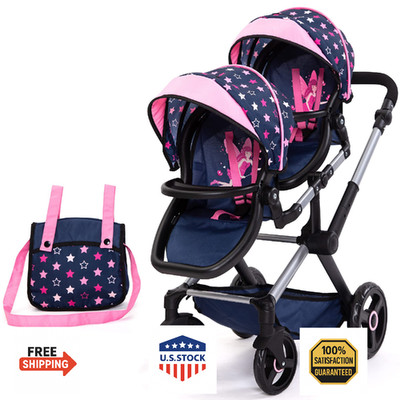 Bayer Xeo Twin Doll Pram: Stars Navy & Pink - Adjustable Handle