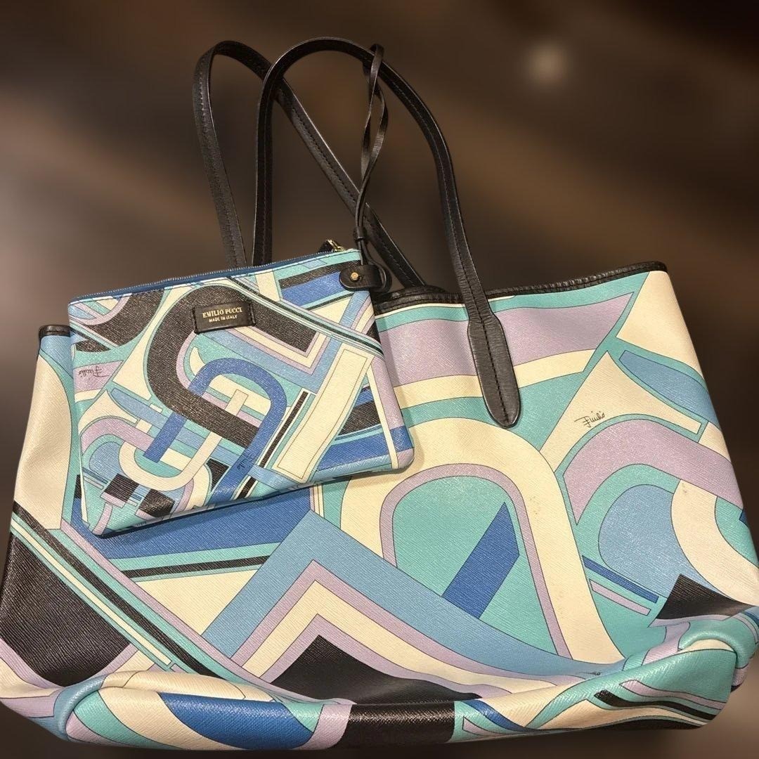 EMILIO PUCCI Tote Bag Large Geometric Pattern Shoulder Bag Blue