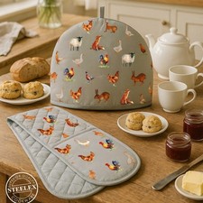 Cotton Farm Friends Design Quality Kitchen Oven Glove, Apron & Tea Cosy Set