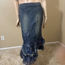 Women  s Blue Denim Casual Beads Embroidered Boho Zipper Size M 6-8 Skirt 3713