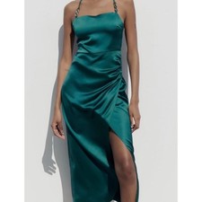 NWT ZARA Womens Satin Effect Lingerie Style Strappy Chain Dress Green XS Tall