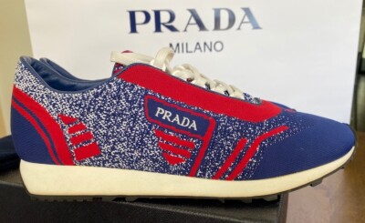 PRADA 2EG272 RED BLUE FABRIC TRAINERS KNIT LOGO LACE UP SNEAKERS