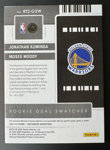 2021 Contenders Moses Moody / Jonathan Kuminga RC Ticket Dual Swatches #RT2-GSW - Picture 2 of 2