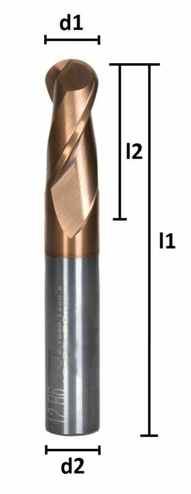 VHM Vollradiusfräser, Radiusfräser Z=2, TiSiN 1/1,5/2/2,5/3/3,5/4/5/6/8/10/12 mm - Bild 2 von 4
