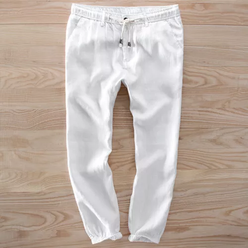 Pantalone da spiaggia uomo morbido puro lino coulisse traspirante casual comodo nono pantalone - Foto 1 di 12