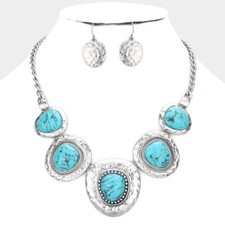 Pierced burnt silver turquoise and black stone necklace set