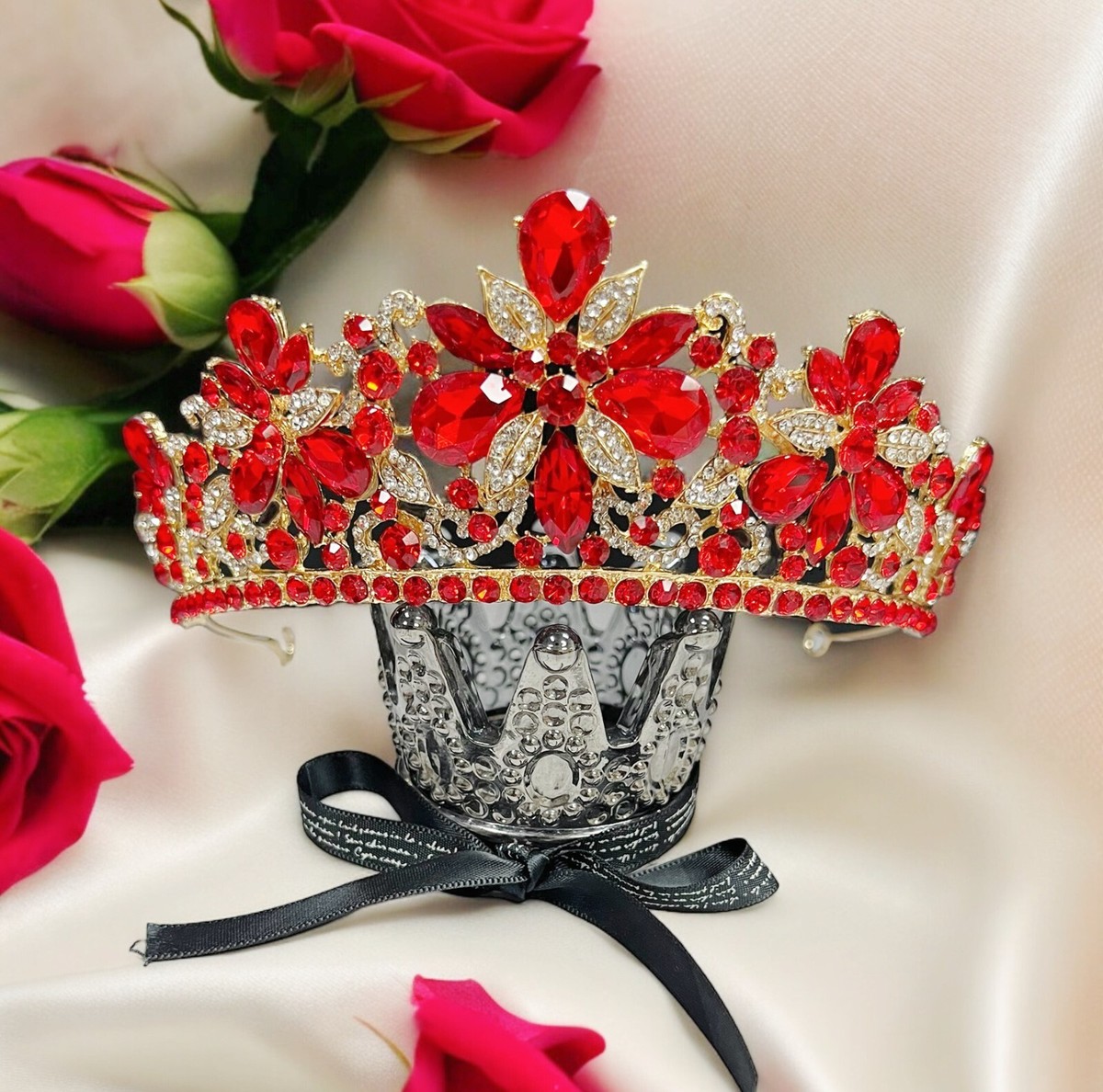 Wedding Crown Crystal Red Rose Red Rose Bridal Wedding Queen Crown Set - Gold Baroque  main image 4