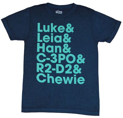 Star Wars Adult New T-Shirt - Luke Leia, Han, C-3PO, R2-D2, Chewie Names Written