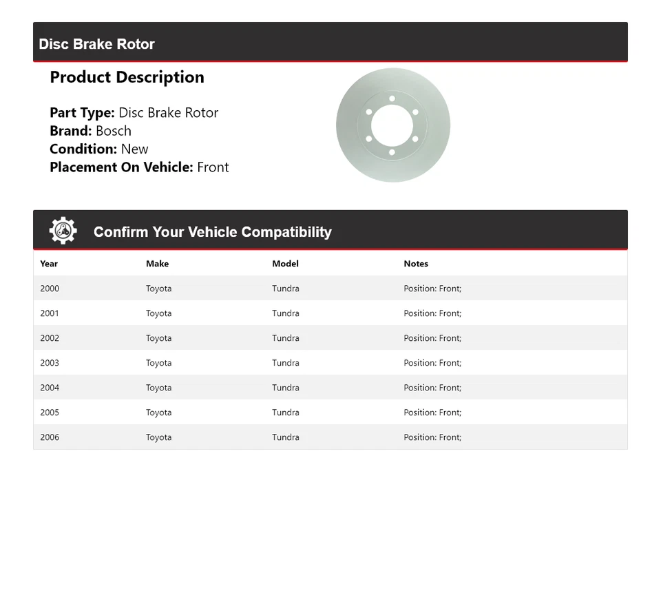 Rotor de freno de disco delantero QuietCast 2001 2002 para Toyota Tundra Bosch 2000-2006 Foto 2 de 4