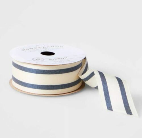 1.5" Fabric Ribbon Blue/Cream Stripe 15ft - Wondershop - Picture 1 of 1