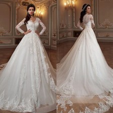 Luxury A-Line Wedding Dresses V-Neck Long Sleeved Court Train Tulle Bridal Gowns