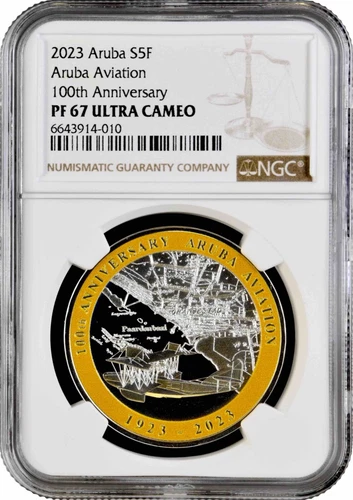 Aruba 5 florin 2023, NGC PF67 UC, "100 years of Aruba Aviation Ruler" TopPop 1/0