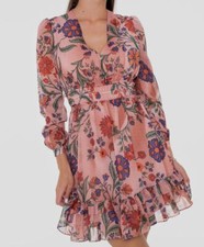 Guess Women Beige Floral V-Neck Elastic Waist Mini A-Line Dress Size S