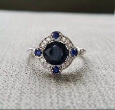 Art Deco Round Cut Sapphire  Lab Created Diamond 925 Silver Halo Wedding Ring