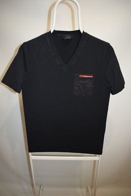 Prada Nylon Red Tab Reshuffling Rubber Logo Pocket Black T-Shirt Mens Size XS