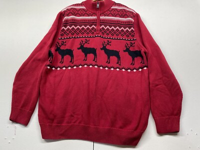 Mens Chaps Red and Black Moose Knit Sweater Winter Ski Lodge XL  1/4 Zip