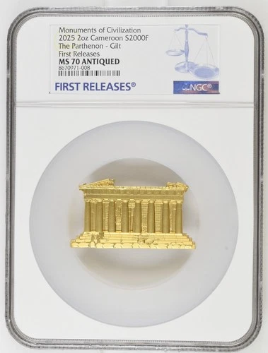 2 Oz Silver Coin 2025 Cameroon Monuments The Parthenon Gold Gilded NGC MS 70