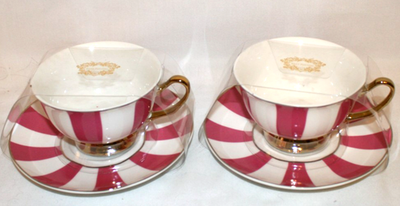 #ad Kent Pottery Two Pink amp; White Striped Gold Trim Teacup amp; Saucer Sets New $44.90