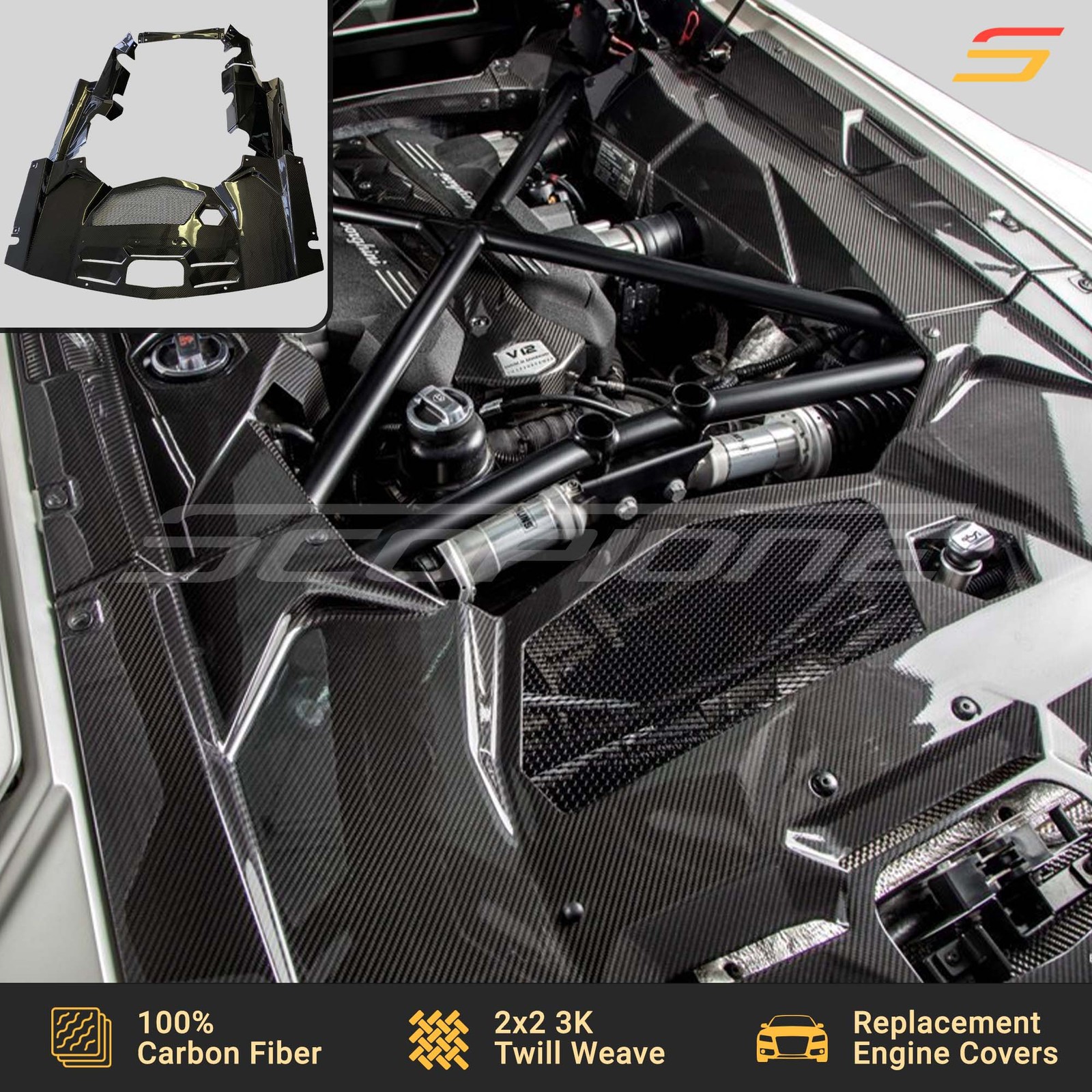 Scopione Carbon Fiber Engine Bay Covers Trim Kit for Lamborghini Aventador Coupe