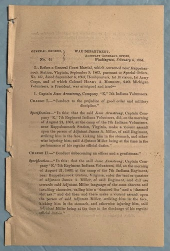 7th Indiana Infantry Court Martial Civil War Document Violent Assault