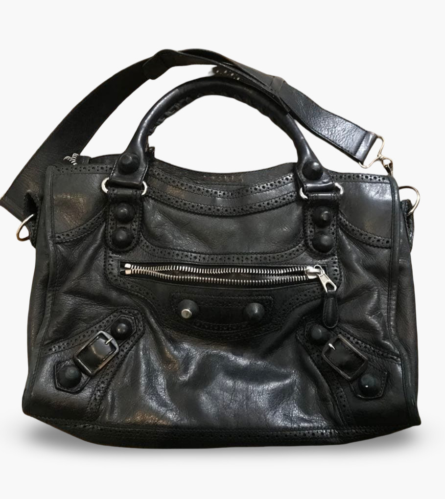 Auth Balenciaga Giant City Black Leather 2Way Shoulder Handbag 204529 Y2K