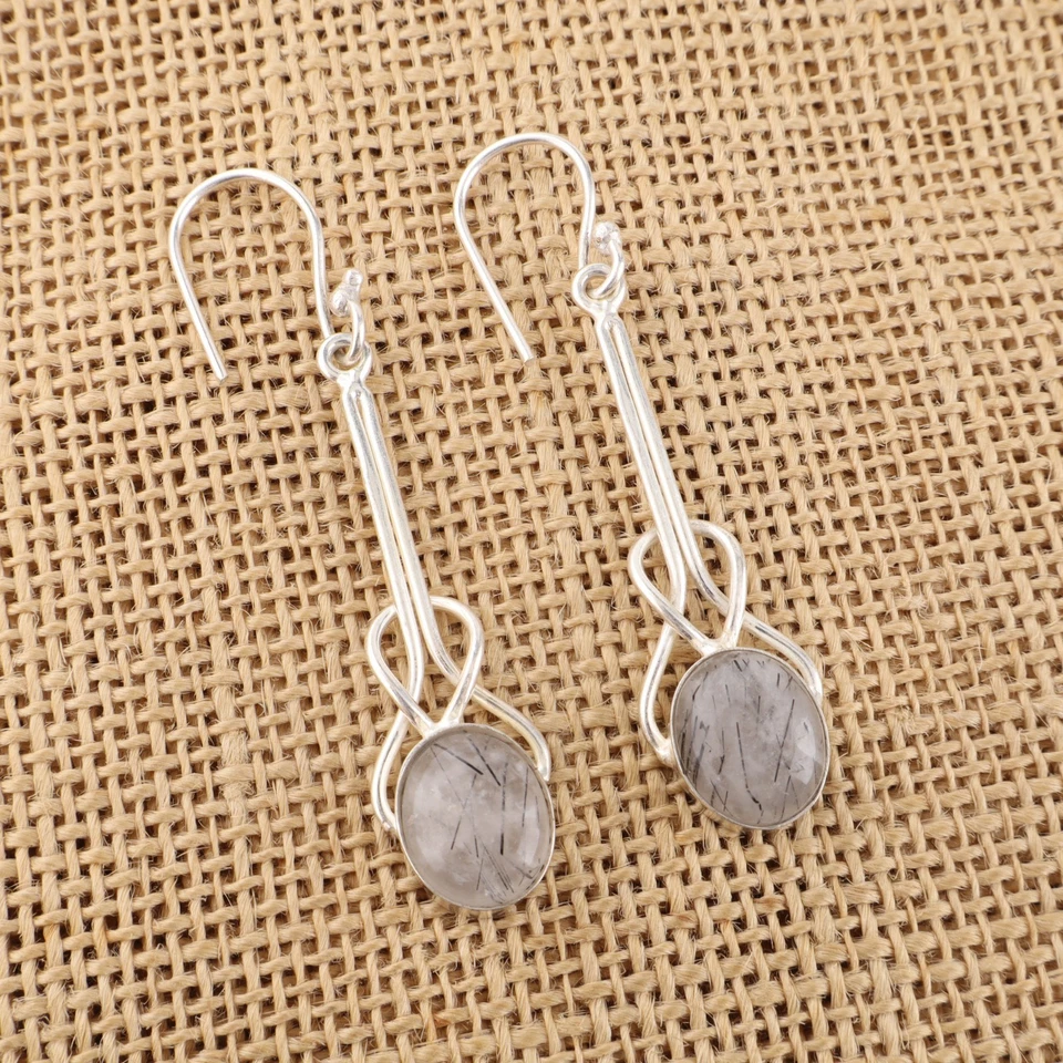 Black Rutile Quartz Gemstone 925 Sterling Silver Handmade Jewelry Earring 1.76" - Image 3 of 4