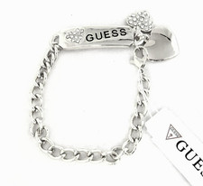 NEW GUESS SILVER TONE CHAIN LINK ID BRACELET PAVE CRYSTALS HEART CHARMS