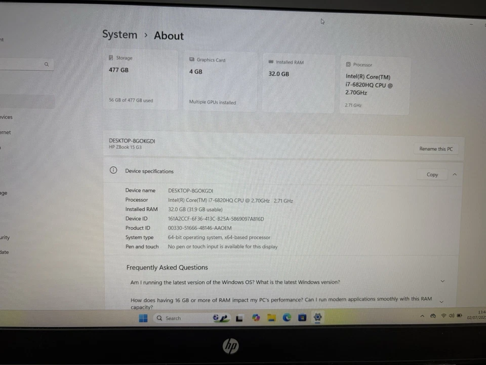 HP ZBOOK 15 G3 CAD Laptop Windows 11 i7 6820HQ 32GB 512GB NVIDIA Quadro M2000M - Image 3 of 4