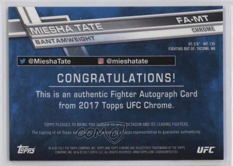2017 Topps Chrome UFC Fighter Auto Miesha Tate #FA-MT Auto - Image 2 of 2