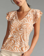 Maeve Anthropologie Catie Ruffle-Sleeved Tee Blouse Top V-Neck Printed XS 259997