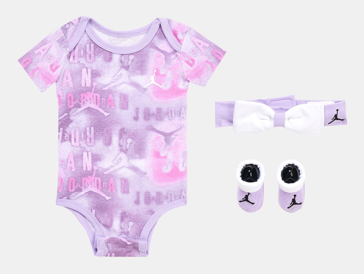 Conjunto/traje de regalo Jordan de 3 piezas para bebés niñas, 0-6 meses, diadema botines púrpura