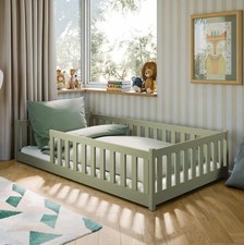 Wooden Bed Otis EU Small Double – Olive | Low Kids’ Floor Bed with Guardrails