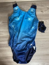 NEW GK Elite Blue Ombre Snowflake Gymnastics Leotard with Scrunchie Womens AL