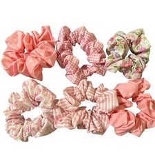 Set of 6 Pink Floral Fabric Scrunchies Hair Ties for Women