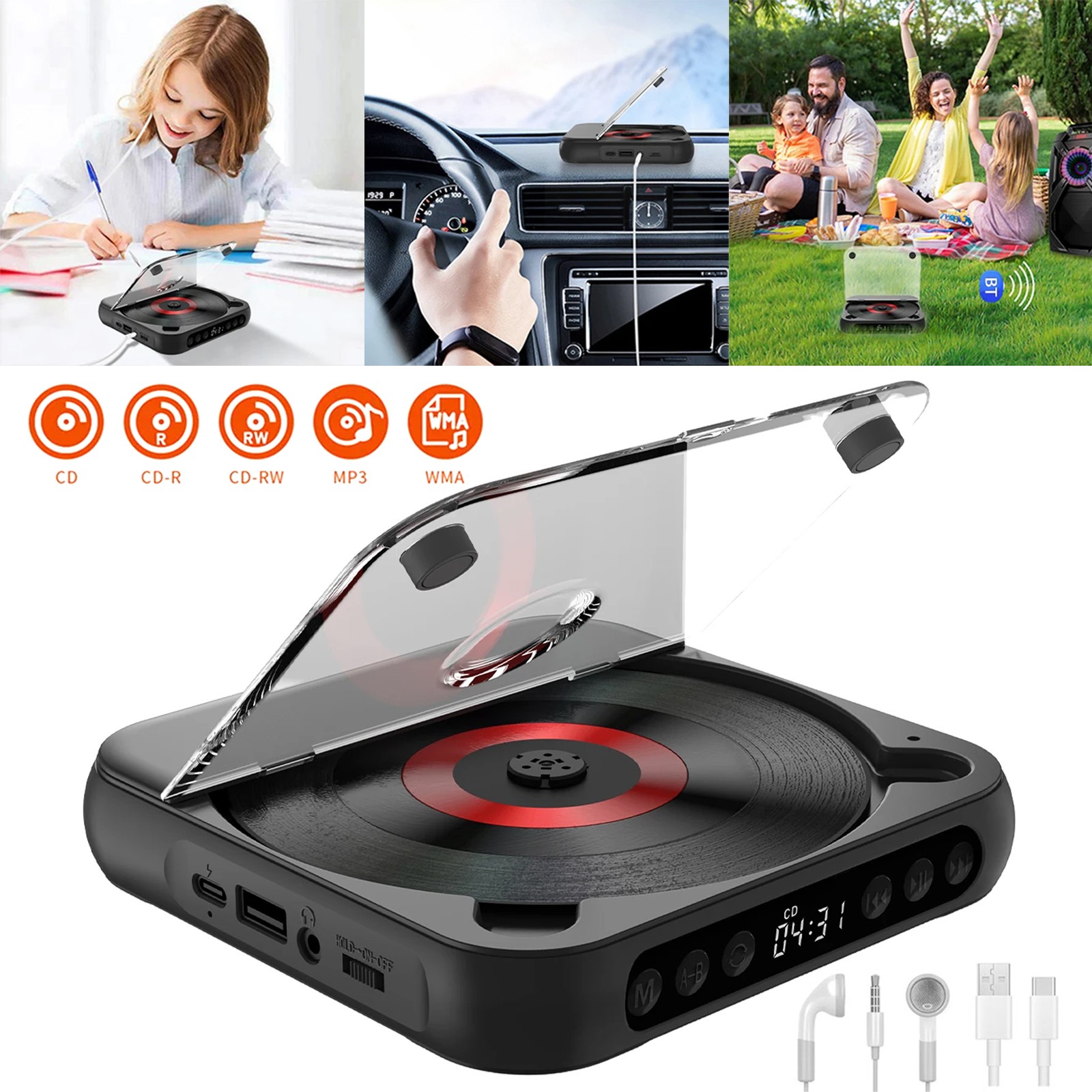 Personal Cd Players With Bluetooth Rechargeable Black