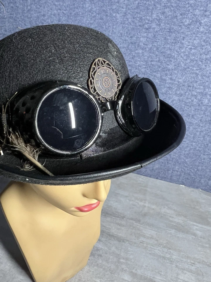 Steampunk Negro Plumado Sombrero Disfraz Accesorio con Gafas Extraíbles Foto 2 de 4