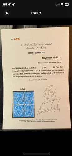 🏴☠️ Columbia Británica #7a 3d Azul Pálido BLOQUE de 4 MNH, Certificado CPES, Diena - Imagen 2 de 5