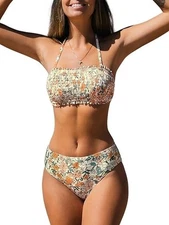 Cupshe Floral Swim Suit Bikini Set Bandeau Halter Top Back Tie Womens Medium
