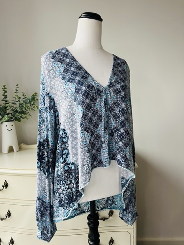 JAASE Size L Women’s Hi Low Top Blouse Long Sleeve Boho Print Blue Button Front