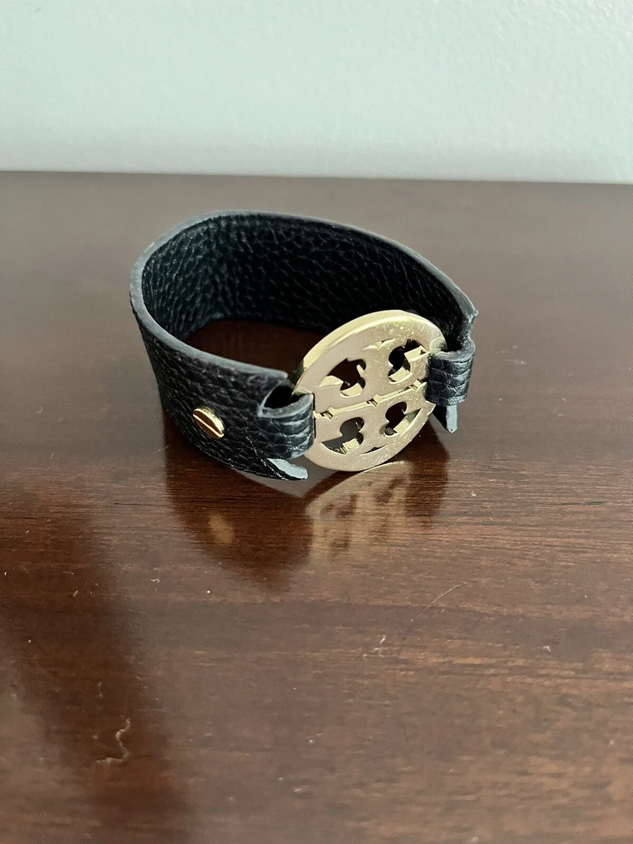 Tory Burch Leather Goldtone Logo Double Snap Leather Cuff Bracelet