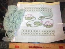 Handpainted Needlepoint canvas, partially completed, Lilly pads flowers, cute