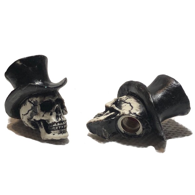 2 Top Hat Skull Valve Stem Caps Motorcycle Bicycle Skeleton Harley Made