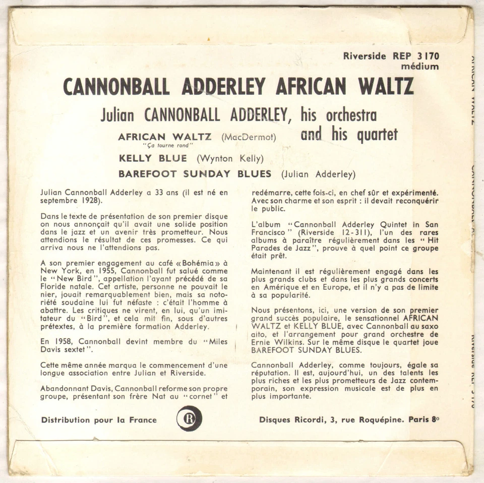 CANNONBALL ADDERLEY "AFRICAN WALTZ" JAZZ EP 1961 RIVERSIDE 3170 - Photo 2/4