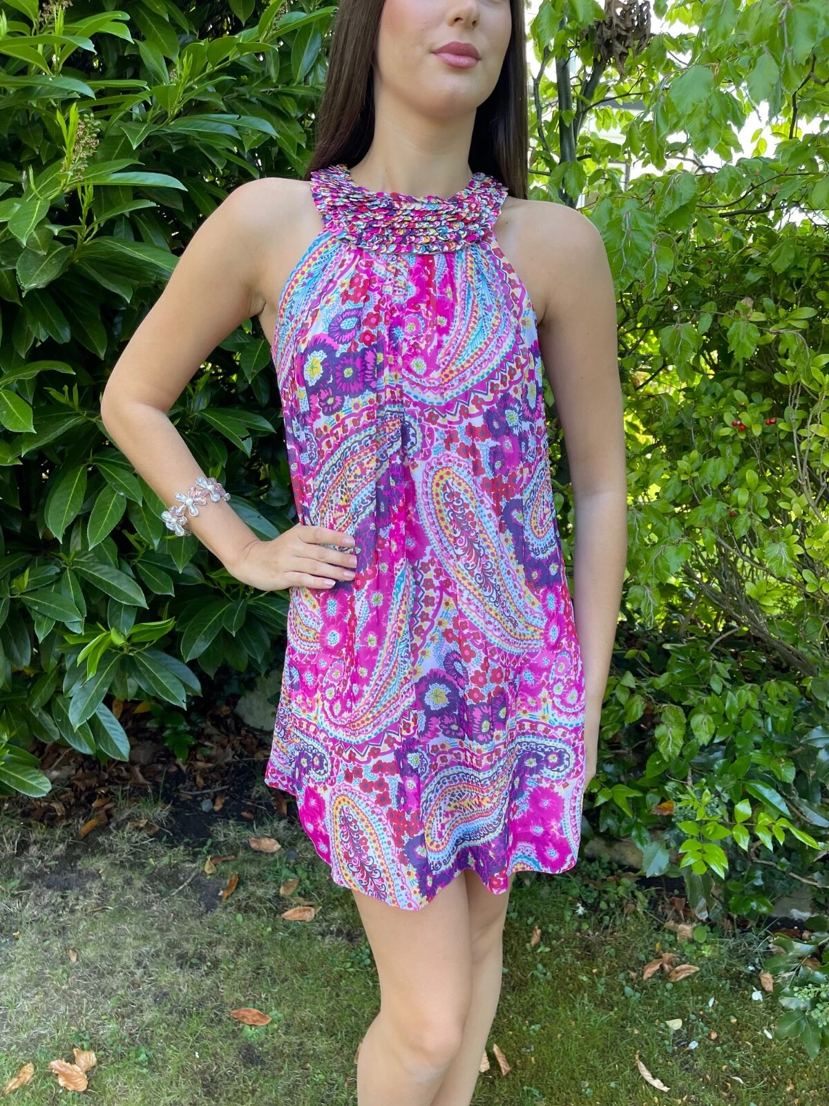 ANDREW GN Dress FR 36 UK 8 Silk Chiffon Pink Paisley Print Chiffon Sequin Neck