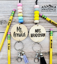 Personalized Beaded Lanyard with Free Pencils  Keys or ID Badges  Teacher Gift