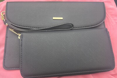 LOVEVOOK Black Saffiano Leather Clutch Wristlet  Purse With Matching Wallet